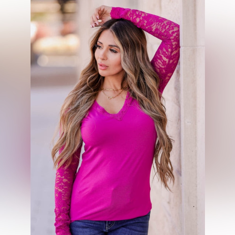 Fuchsia Long Sleeve Lace Top